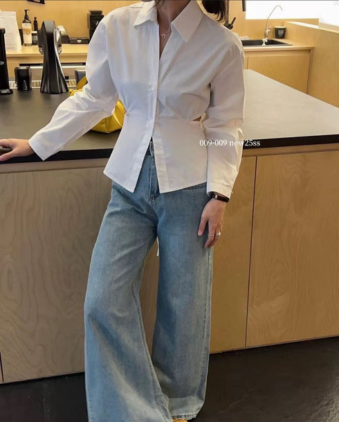 Women Style Collar Down Shirt With Back Tie Shirts